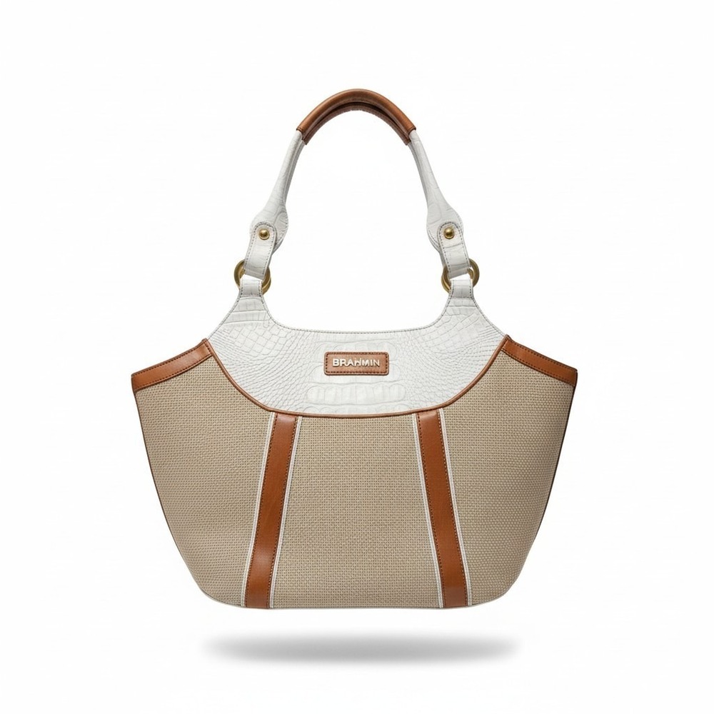 Brahmin Tan Straw Canvas & White Croc Embossed Leather Shoulder Bag Tote Purse